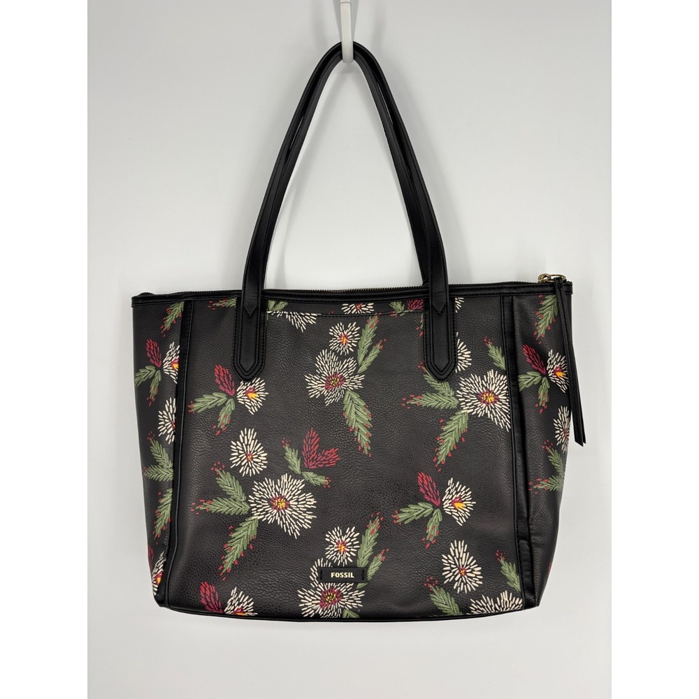Fossil Tote Black Floral Faux Leather Bag Two Straps Top Zip